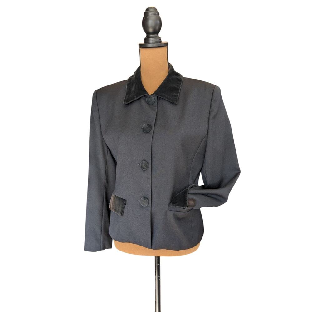 90s 100% Wool Blazer PS Black Velvet Trim Fitted Riding Jacket VTG Dark Academia